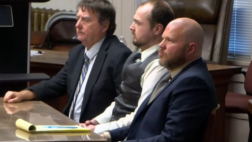 George Wagner IV, center, is seen with his defense attorneys in a Pike County courtroom Nov. 30, 2022 as they await the jury's verdict. Wagner is charged with killing eight members of the Rhoden family in 2016. CONTRIBUTED