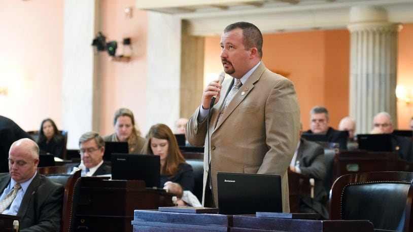State Rep. Wes Retherford, R-Hamilton, addresses his Ohio House of Representatives colleagues. In 2015, Ohio House Speaker Cliff Rosenberger ordered Retherford to remove a liquor cabinet he was keeping in his office. CONTRIBUTED