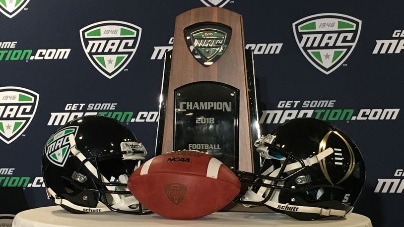 The Mid-American Conference football championship trophy was on display during MAC Media Day at Ford Field in Detroit on Tuesday. RICK CASSANO/STAFF