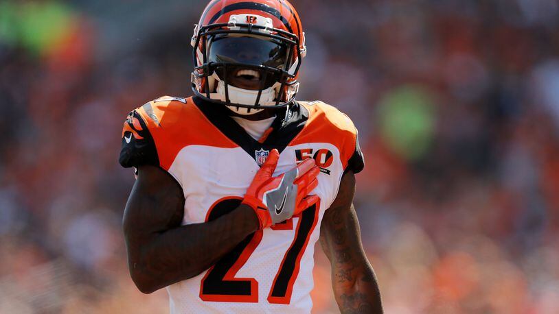 CINCINNATI, OH - SEPTEMBER 10: Dre Kirkpatrick #27 of the Cincinnati Bengals celebrates after making a defensive stop during the third quarter of the game against the Baltimore Ravens at Paul Brown Stadium on September 10, 2017 in Cincinnati, Ohio. (Photo by Michael Reaves/Getty Images)