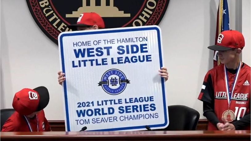 Signs recognizing the West Side Little League, Ohio's first to make the final game of the Little League World Series, will be installed at city entrances, players were told Wedneday. PROVIDED