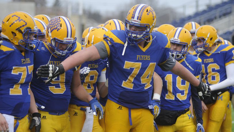 Flyers senior John Dirksen (74) takes charge. Marion Local defeated Kirtland 34-11 to win a D-VI high school football state title at Canton on Sat., Dec. 2, 2017. Dirksen is now a freshman lineman at the University of Notre Dame. MARC PENDLETON / STAFF