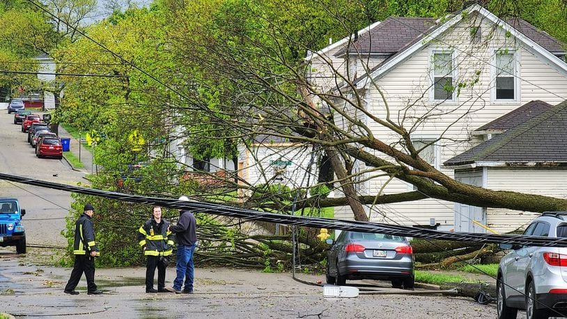 Trees and power lines were down at Liberty Avenue and North 'F' Street in Hamilton after a storm around 3 p.m. Tues., May 3, 2022. NICK GRAHAM/STAFF