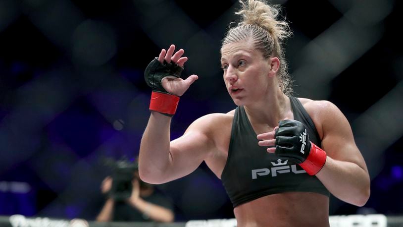 Kayla Harrison is shown during a Professional Fighters League bout against Larissa Pacheco at Nassau Coliseum in Uniondale, N.Y., Thursday, May 9, 2019. Harrison is a two-time $1 million prize champion in the Professional Fighters League lightweight championship. She has re-signed with he PFL. (AP Photo/Greg Payan, File)