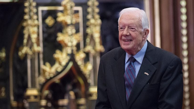 Former U.S. President Jimmy Carter receives delivers a lecture on the eradication of the Guinea worm, at the House of Lords on February 3, 2016 in London. The lecture, entitled Final Days of the Fiery Serpent: Guinea Worm Eradication, was delivered by President Carter on behalf of The Carter Centre. (Photo by Eddie Mullholland-WPA Pool/Getty Images)