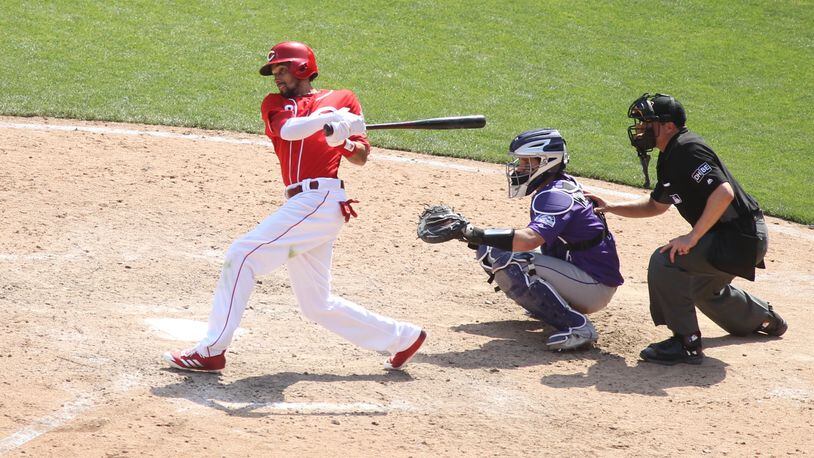 The Reds' Billy Hamilton swings against the Rockies on June 7, 2018, at Great American Ball Park in Cincinnati.
