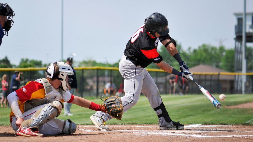Franklin’s Aaron Blake connects for a single during their Division II district championship baseball game against Fenwick on May 24 at Miamisburg. Franklin won 11-2. NICK GRAHAM/STAFF