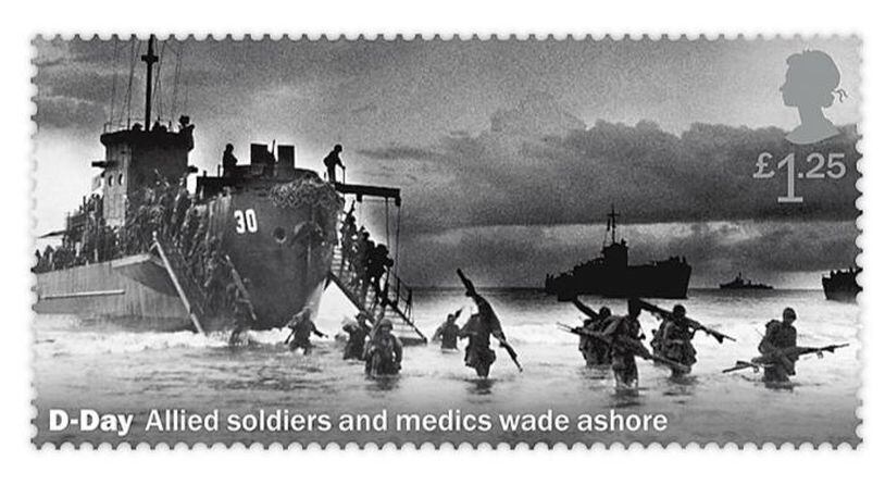 A photo of troops wading ashore depicted on a D-Day commemorative stamp was actual taken several weeks before the Normandy landings.
