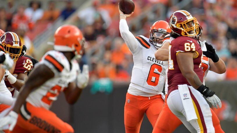 CLEVELAND, OHIO - AUGUST 08: Quarterback Baker Mayfield #6 of the Cleveland Browns passes during the first half of a preseason game against the Washington Redskins at FirstEnergy Stadium on August 08, 2019 in Cleveland, Ohio. (Photo by Jason Miller/Getty Images)