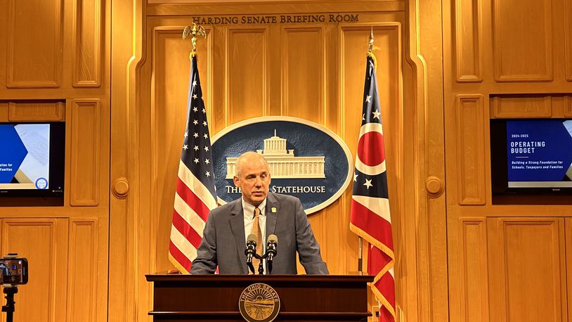 Ohio Senate President Matt Huffman, R-Lima, speaks to reporters after introducing the Senate's proposed budget for fiscal years 2024 and 2025.