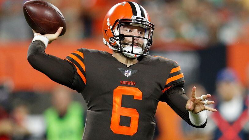 CLEVELAND, OH - SEPTEMBER 20: Baker Mayfield #6 of the Cleveland Browns throws a pass during the third quarter against the New York Jets at FirstEnergy Stadium on September 20, 2018 in Cleveland, Ohio. (Photo by Joe Robbins/Getty Images)