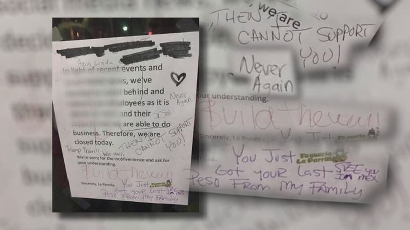 When workers returned after participating in "A Day Without Immigrants" rally they found hate-filled messages on the front door of their restaurant. (Photo: WSB-TV)