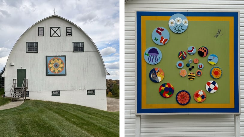 The Fleckenstein Flower quilt barn, left, is located at Fleckenstein Park in Deerfield Twp. At the right is The Circle Game at Cottell Park. CONTRIBUTED