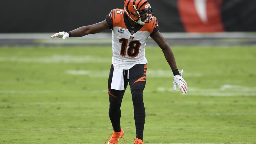Cincinnati Bengals wide receiver A.J. Green (18) during the first half of an NFL football game against the Baltimore Ravens, Sunday, Oct. 11, 2020, in Baltimore. (AP Photo/Nick Wass)