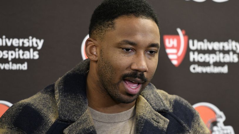 Cleveland Browns defensive end Myles Garrett meets with reporters following an NFL football game against the Pittsburgh Steelers in Pittsburgh, Sunday, Jan. 8, 2023. The Steelers won 28-14. (AP Photo/Don Wright)