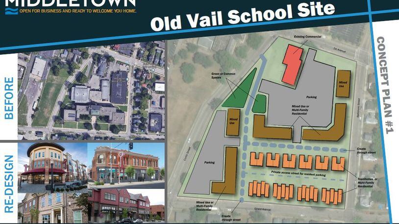 A proposed concept plan for the redevelopment of the former Middletown/Vail Middletown School in the Oakland Renaissance Incentive District with condominums, townhouses and rowhouses. City officials are considering moving forward to revitalize this neighborhood with new investment and development as well as encouraging residents to improve their homes. CONTRIBUTED/CITY OF MIDDLETOWN