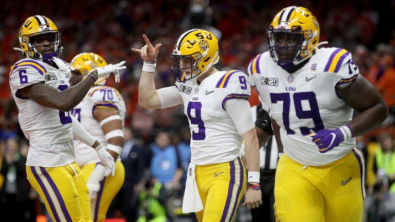 NEW ORLEANS, LOUISIANA - JANUARY 13: Joe Burrow #9 of the LSU Tigers reacts against the Clemson Tigers during the College Football Playoff National Championship game at Mercedes Benz Superdome on January 13, 2020 in New Orleans, Louisiana. (Photo by Chris Graythen/Getty Images)
