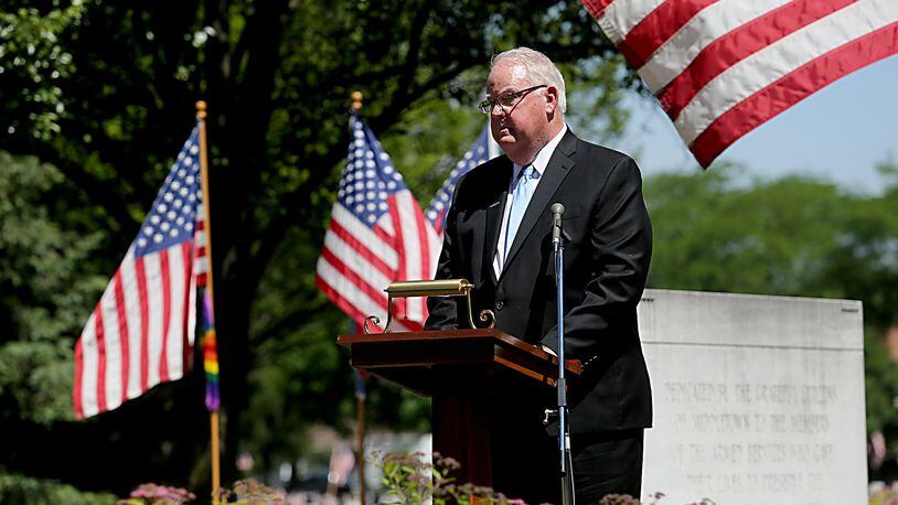 This year will be the first Memorial Day observance in years without an appearance from Middletown Municipal Court Judge Mark Wall. He died on Feb. 11. Pictured is Wall, a Vietnam veteran, delivering the keynote address at last year’s Memorial Day event. FILE PHOTO