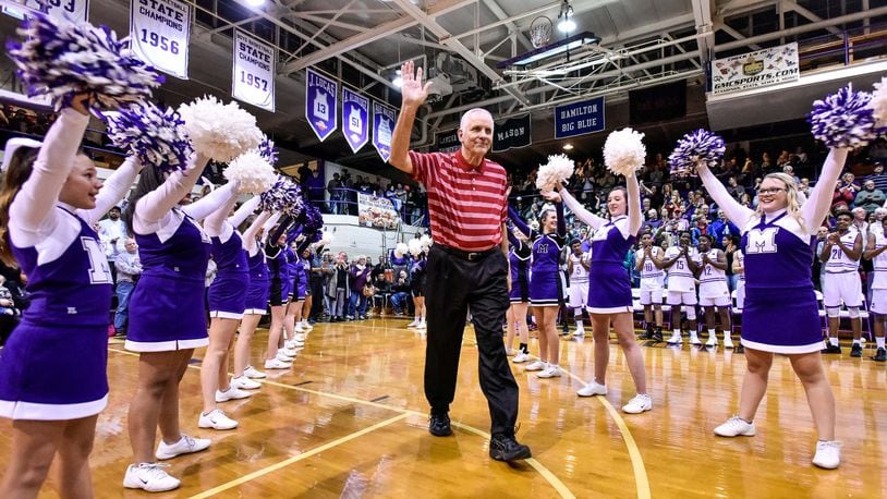 Jerry Lucas was one of many former Middletown High School basketball players honored before the final game on Jerry Lucas Court at Wade E. Miller Gymnasium. Lucas will be honored during the 10th annual Feed the Hungry Project MLK Gala Feb. 24 in Hamilton. NICK GRAHAM/STAFF