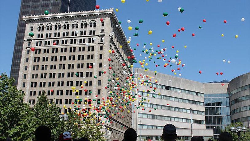 Thousands of balloons will be launched over Courthouse Square in Dayton again this Sunday at the annual Families of Addicts Rally 4 Recovery. Yellow balloons represent people in successful recovery, red are for those still struggling with addiction, white are to remember those that have died from addiction, and green are for those in mental health recovery. CONTRIBUTED/SHELBY LOGAN