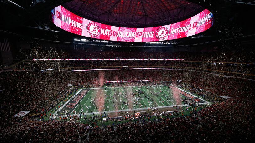 ATLANTA, GA - JANUARY 08:  A general view of the stadium as the Alabama Crimson Tide celebrates beating the Georgia Bulldogs in overtime and winning the CFP National Championship presented by AT&T at Mercedes-Benz Stadium on January 8, 2018 in Atlanta, Georgia. Alabama won 26-23.  (Photo by Mike Zarrilli/Getty Images)