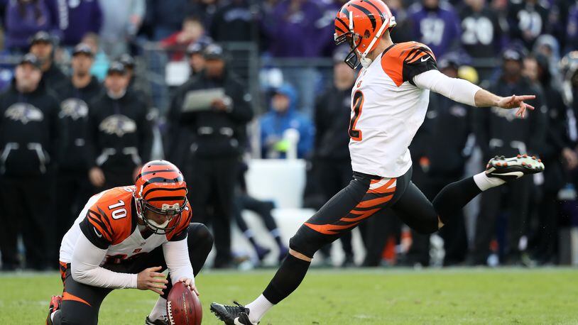 Former Bengals kicker Mike Nugent hits a fourth quarter field goal against the Ravens at M&T Bank Stadium on November 27, 2016 in Baltimore. Released by Cincinnati late last season, he has signed with the Giants.