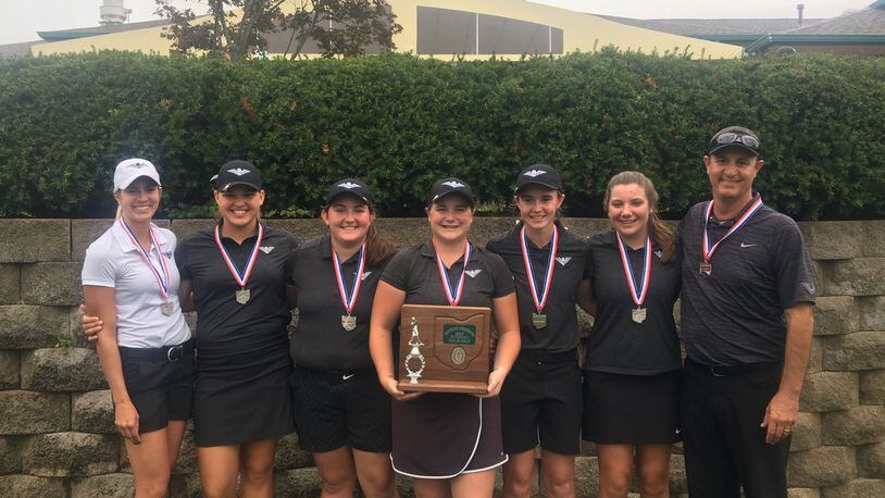 The Lakota East High School girls golf team poses with its Division I district runner-up trophy last week at Beavercreek Golf Club. SUBMITTED PHOTO