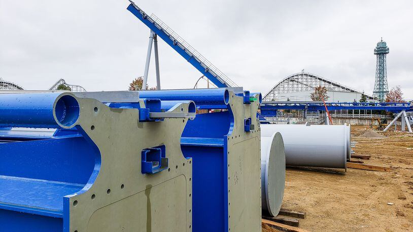 Construction is underway for the Orion roller coaster at Kings Island in Mason. When completed in spring of 2020, it will become the tallest and fastest coaster at the park. The first drop is 300 feet and it will reach 91 miles per hour. The track is 5,321 feet making is the longest steel coaster and second-longest overall behind The Beast that is 7,359 feet long. NICK GRAHAM/STAFF