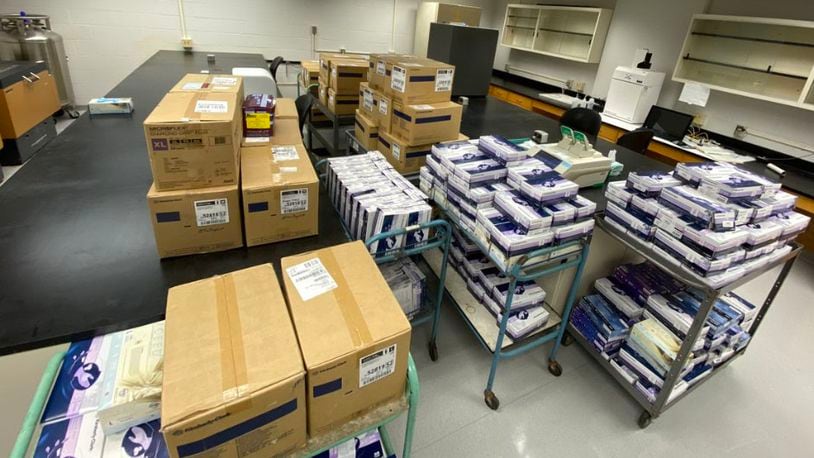 Area health care workers benefited from donations of personal protective equipment (PPE) collected across Miami University’s Oxford and Regionals campuses. PPE collected from the department of chemistry and biochemistry for donation. CONTRIBUTED