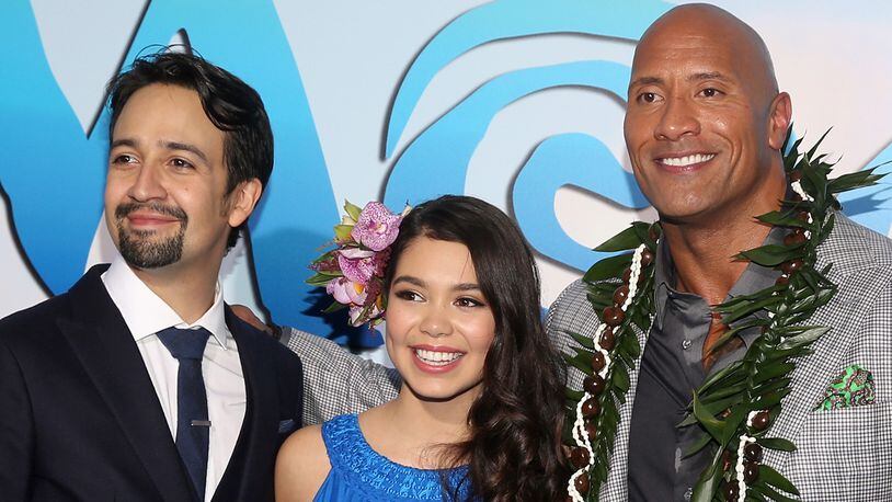 (L-R) Songwriter Lin-Manuel Miranda, actors Auli'i Cravalho and Dwayne Johnson attend The World Premiere of Disney’s 'MOANA' at the El Capitan Theatre on Monday, November 14, 2016 in Hollywood, CA.
