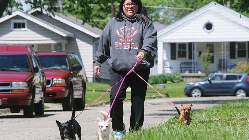 FILE PHOTO" Sara Llamas walks her dogs along Corinth Boulevard on a beautiful but chilly Monday morning. Llamas’ dogs are (from left) Aislyn, Piper and Nova. (Marshall Gorby/Staff)