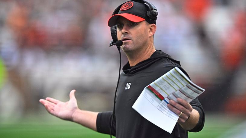 Cincinnati Bengals head coach Zac Taylor questions a call during the first half of an NFL football game against the Cleveland Browns Sunday, Sept. 10, 2023, in Cleveland. (AP Photo/David Richard)