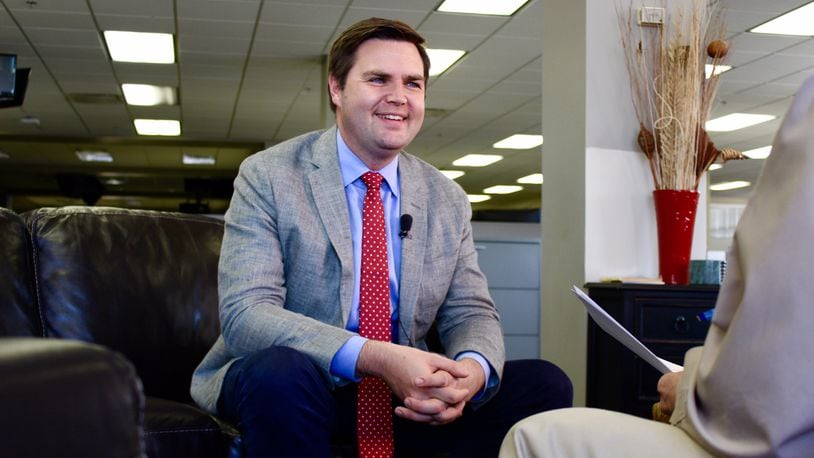 J.D. Vance speaks to a reporter during a Thursday interview at the Dayton Daily News.