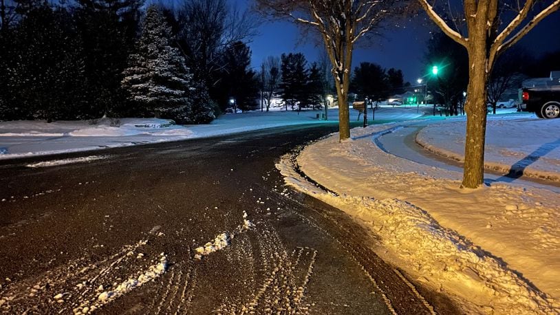 A view of Cody Court in Fairfield on Friday night, Jan. 28, 2022, shows where city crews have cleared and treated the roadway after a reported 3 inches of snow fell. CONTRIBUTED