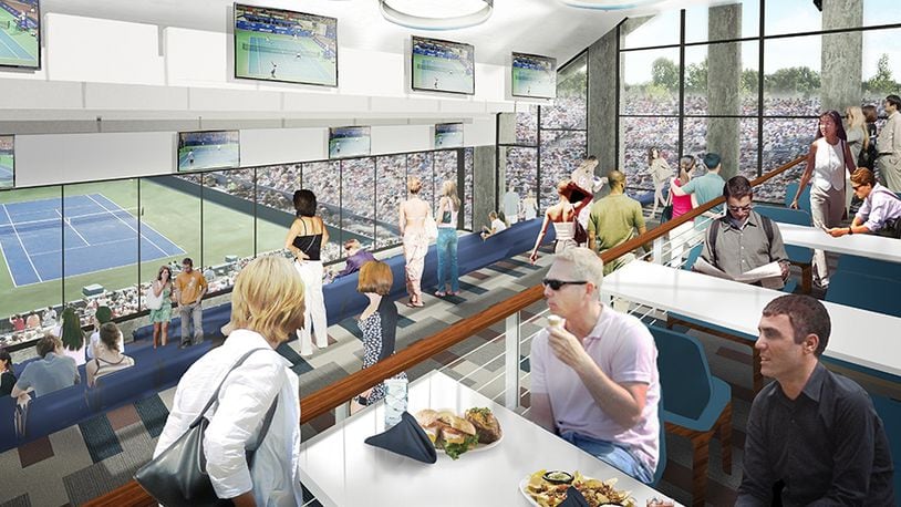 The second floor restaurant and bar, which opens up to cascading indoor, air-conditioned box seats, presumed to be the first in professional tennis. The extra-wide, 252 stadium seats sit behind glass and have access to the adjoining restaurant and bar. CONTRIBUTED