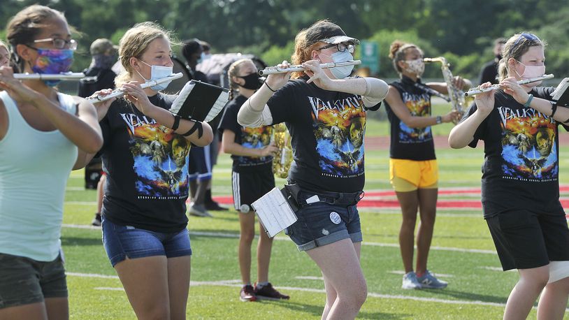 The Stebbins High School marching band practicing social distancing and wearing masks.
