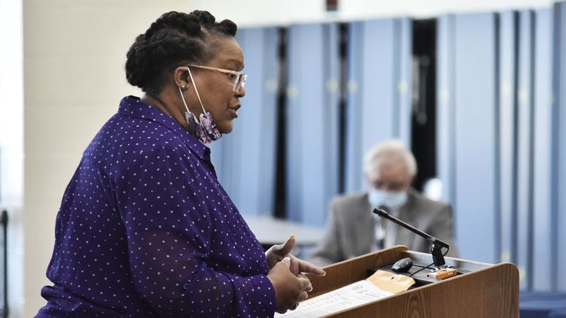 Middletown NAACP President Celeste Didlick-Davis spoke two years during a Monroe Board of Education meeting. She was concerned by the actions of two white students who reenacted the murder of George Floyd in a social media video. She told the board “we are concerned” beyond the single video incident and also “about some other implicit bias and systemic racism (and) incidents which have been brought to our attention over several years.” NICK GRAHAM / STAFF