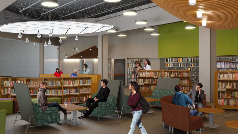 A digital illustration of what the new MidPointe Library System at Liberty Center will look like once it opens this fall at The Foundry. The library will feature a collection of 5,000 items along with a drive-up book return and on-site programming for all ages. CONTRIBUTED