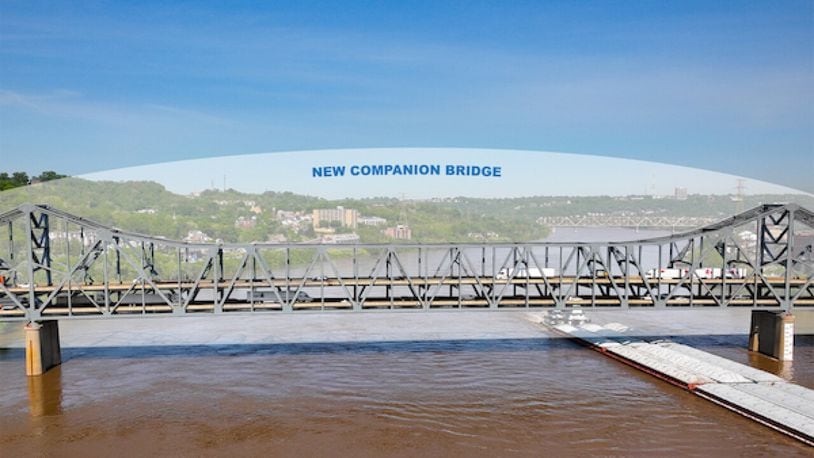 The 2022 model of a planned companion bridge for the Brent Spence Bridge that connects Ohio and Kentucky in Cincinnati and Newport successfully reduces congestion and improves safety for both bridges, but with the added result of having fewer property impacts overall, according to a press release from the governors of both states. CONTRIBUTED/The Brent Spence Bridge Corridor