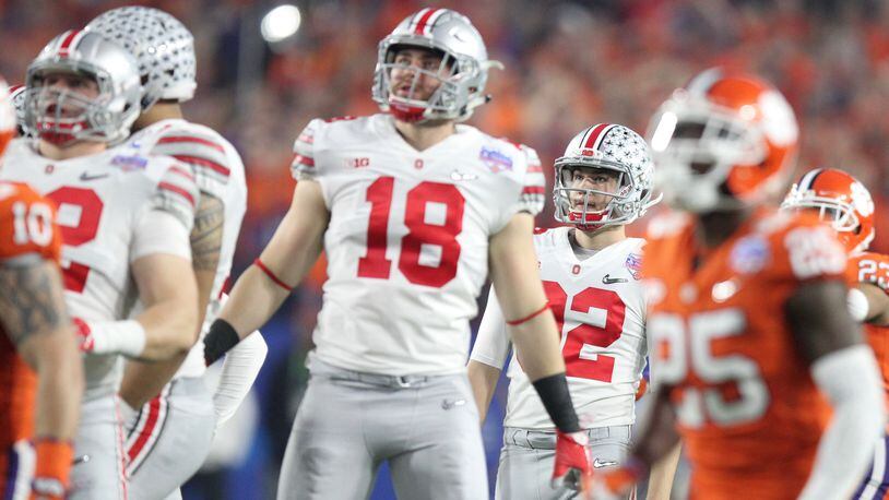 Ohio State's Tyler Durbin watches as his first 47-yard field-goal attempt sails wide in the Fiesta Bowl.