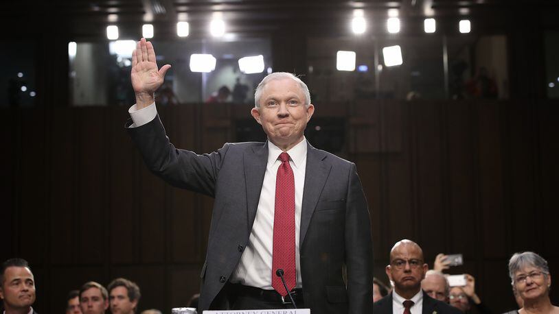 WASHINGTON, DC - JUNE 13:  U.S. Attorney General Jeff Sessions is sworn-in prior to testifying before the Senate Intelligence Committee on Capitol Hill June 13, 2017 in Washington, DC. Sessions recused himself from the Russia investigation and he was later discovered to have had contact with the Russian ambassador last year despite testifying to the contrary during his confirmation hearing.  (Photo by Win McNamee/Getty Images)