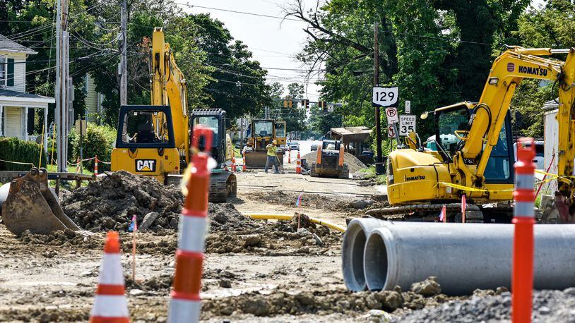A recent photo of construction on the Millville Avenue part of the intersection of Main Street with Millville and Eaton Avenue. The Eaton Avenue part of the intersetion is now open, and the Millville leg should be finished in September. NICK GRAHAM/STAFF