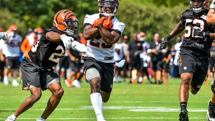 Running back Giovani Bernard carries the ball during the first day of Cincinnati Bengals Training Camp Friday, July 28, 2017, at the practice fields beside Paul Brown Stadium in Cincinnati. NICK GRAHAM/STAFF