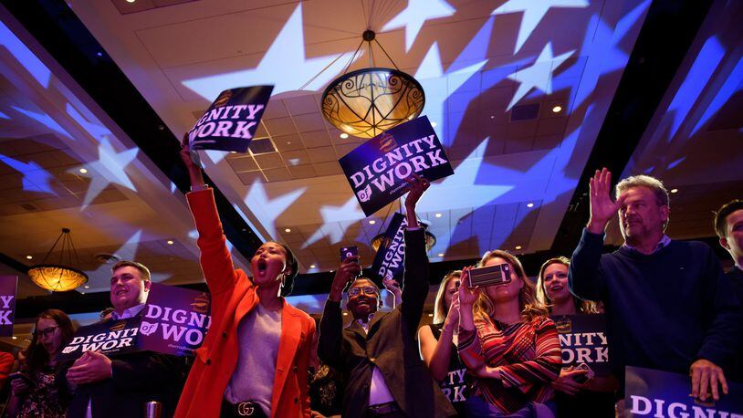 Supporters of U.S. Sen. Sherrod Brown celebrate his campaign victory Tuesday night at the Hyatt Regency on November 6, 2018, in Columbus, Ohio. (Photo by Jeff Swensen/Getty Images)