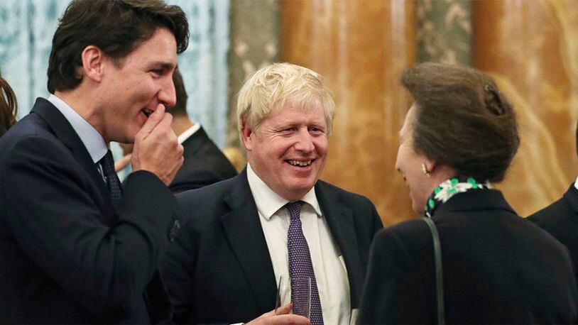 Britain's Princess Anne, right, talks to NATO delegates from left, Canadian Prime Minister Justin Trudeau and Britain's Prime Minister Boris Johnson, during a reception at Buckingham Palace, in London.