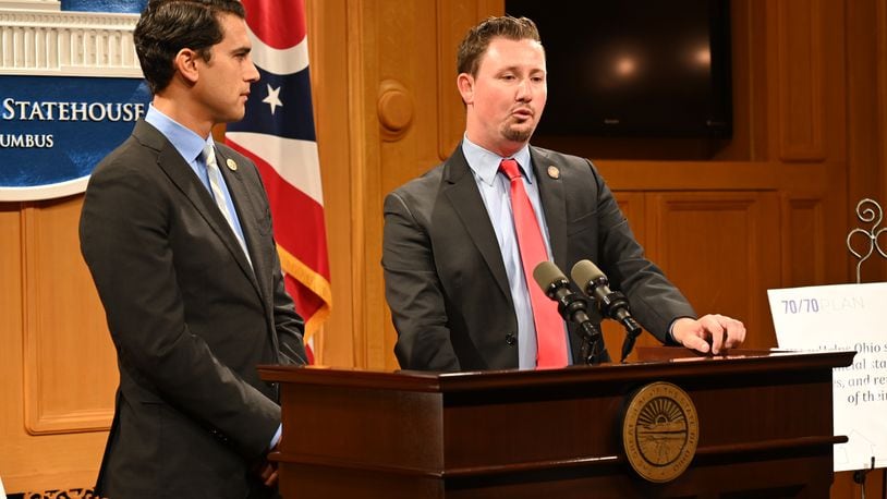State Reps. Thomas Hall (R-Madison Twp.) and Dani Isaacsohn (D-Cincinnati) today held a press conference on recently introduced legislation known as the 70 Under 70 Plan.