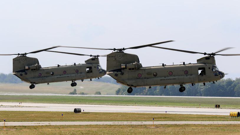 Two CH-47 Chinook helicopters with the Ohio Army National Guard were set to fly to South Carolina in 2017 to prepare for Hurricane Irma relief efforts in Florida. CONTRIBUTED