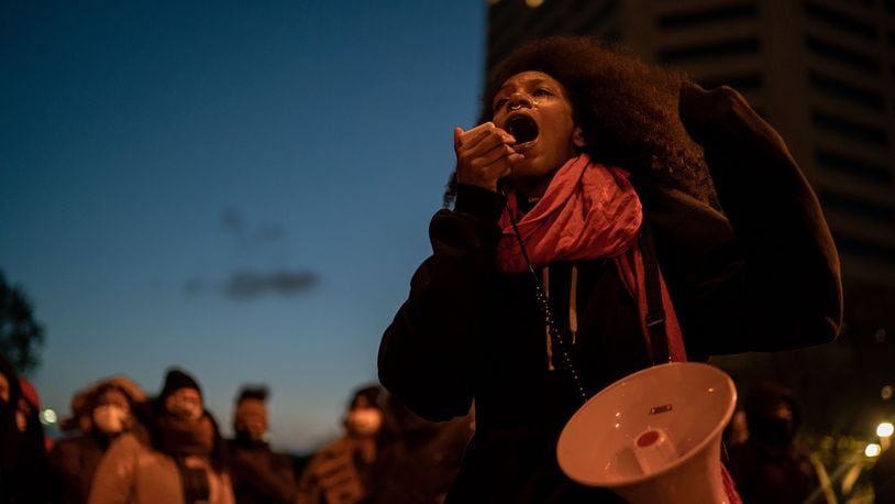 People protest the police killing of 16-year-old Ma’Khia Bryant, in Columbus, Ohio, on Wednesday evening, April 21, 2021. The shooting happened on Tuesday when police responded to a 911 call. (Amr Alfiky/The New York Times)