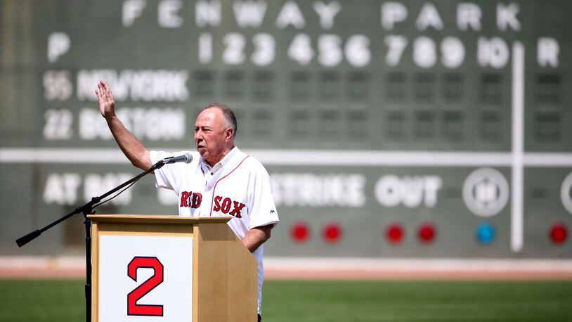 BOSTON, MA - AUGUST 20:  Longtime NESN broadcaster and former Boston Red Sox second baseball Jerry Remy talks during a ceremony honoring his thirty years in the broadcast booth before a game against the New York Yankees at Fenway Park on August 20, 2017 in Boston, Massachusetts. File photo. (Photo by Adam Glanzman/Getty Images)