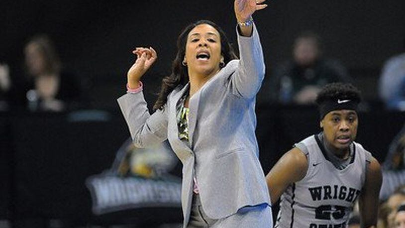 Wright State women’s basketball coach Katrina Merriweather during Sunday’s game vs. Oakland. Tim Zechar/Contributed photo